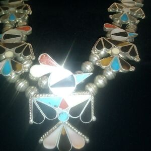 American Indian Squash Blossom Thunderbird Necklace 30" tested sterling Vintage